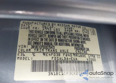 2012 Nissan Versa 1.8 S z USA, uszkodzony, nr VIN 3N1BC1CP3CK275473